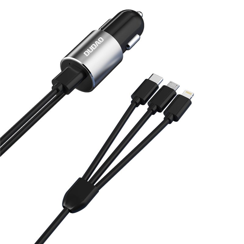 Įkroviklis automobilinis Dudao R5 (1xUSB; 3.4A) + 3in1 laidas lightning+micro+type-C juodas