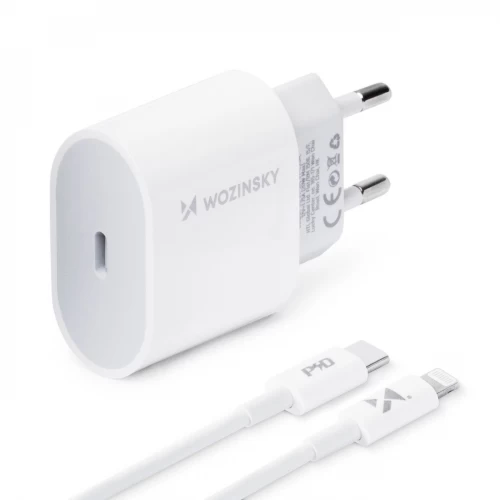 Įkroviklis Wozinsky Quick Charge, baltas PD 20W + Type-C / Lightning baltas laidas 100cm