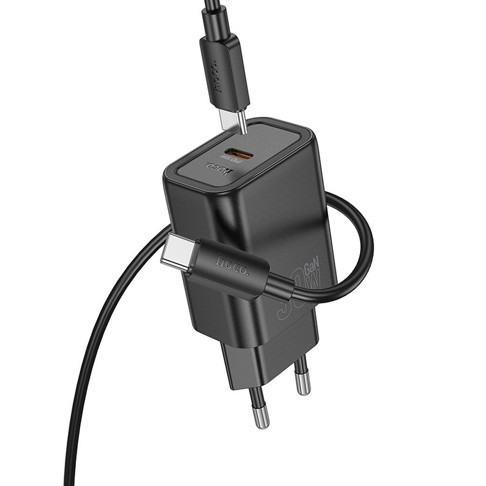 Įkroviklis telefonui Hoco USB C QC PD 30W + kabelis USB C į USB C N62 juodas