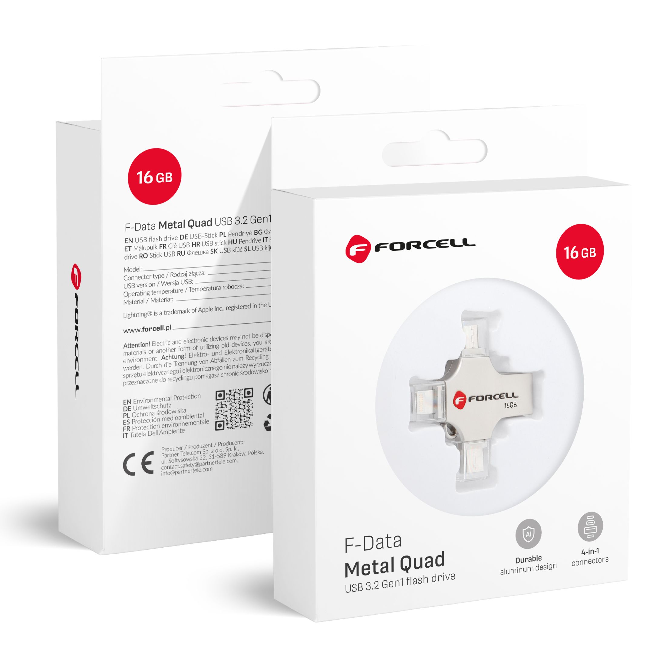 FORCELL F-DATA atmintukas Metal Quad 16GB USB3.2 Gen 1 (USB A / Type C / Lightning / Micro USB) sidabrinis