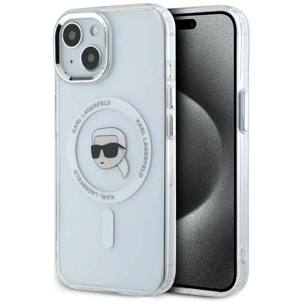 Karl Lagerfeld IML Metalinis Karl Galvos Magnetinis dėklas iPhone 15 baltas