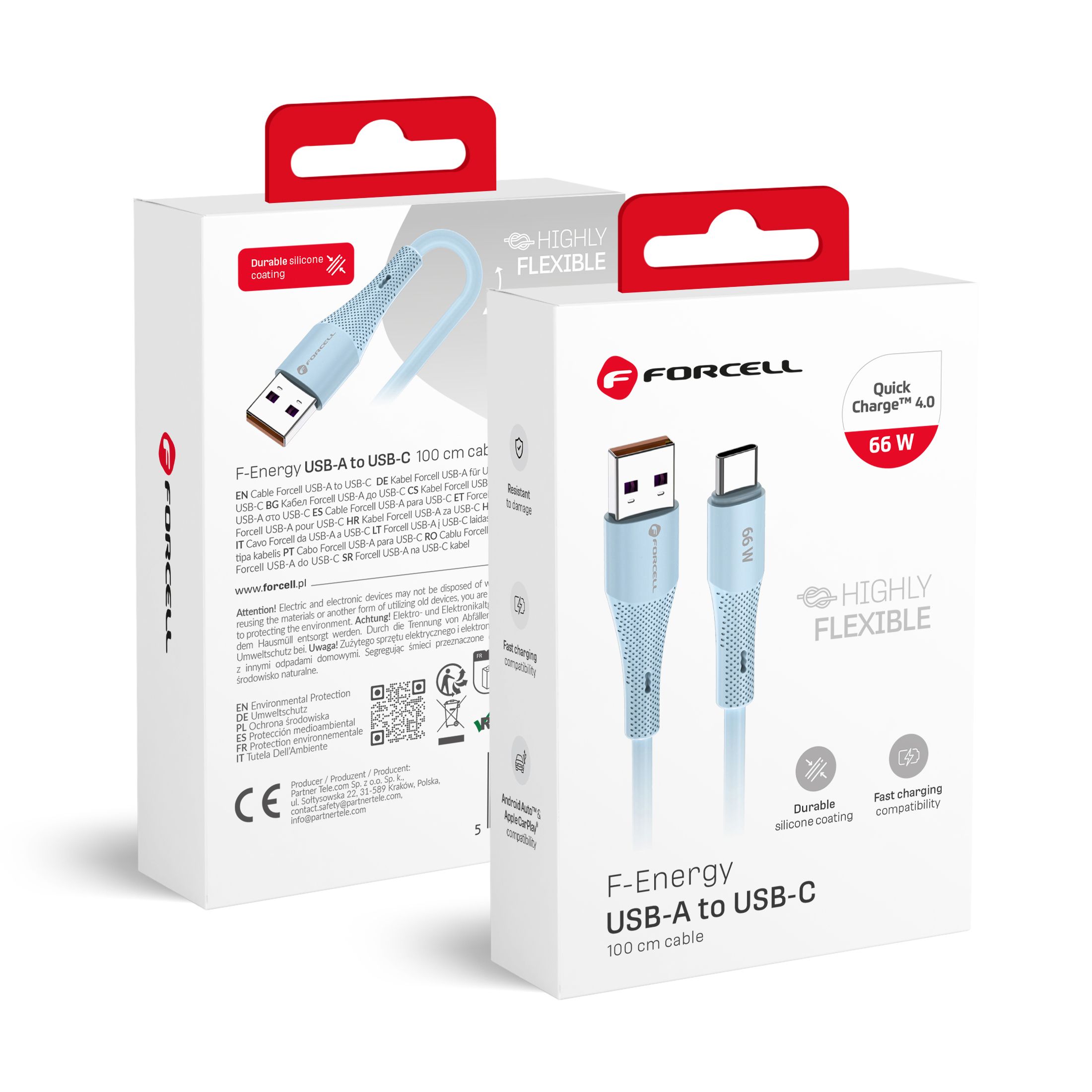 FORCELL F-ENERGY C342 kabelis USB A į Type C QC4.0 3A 66W Silikoninis 1 m mėlynas