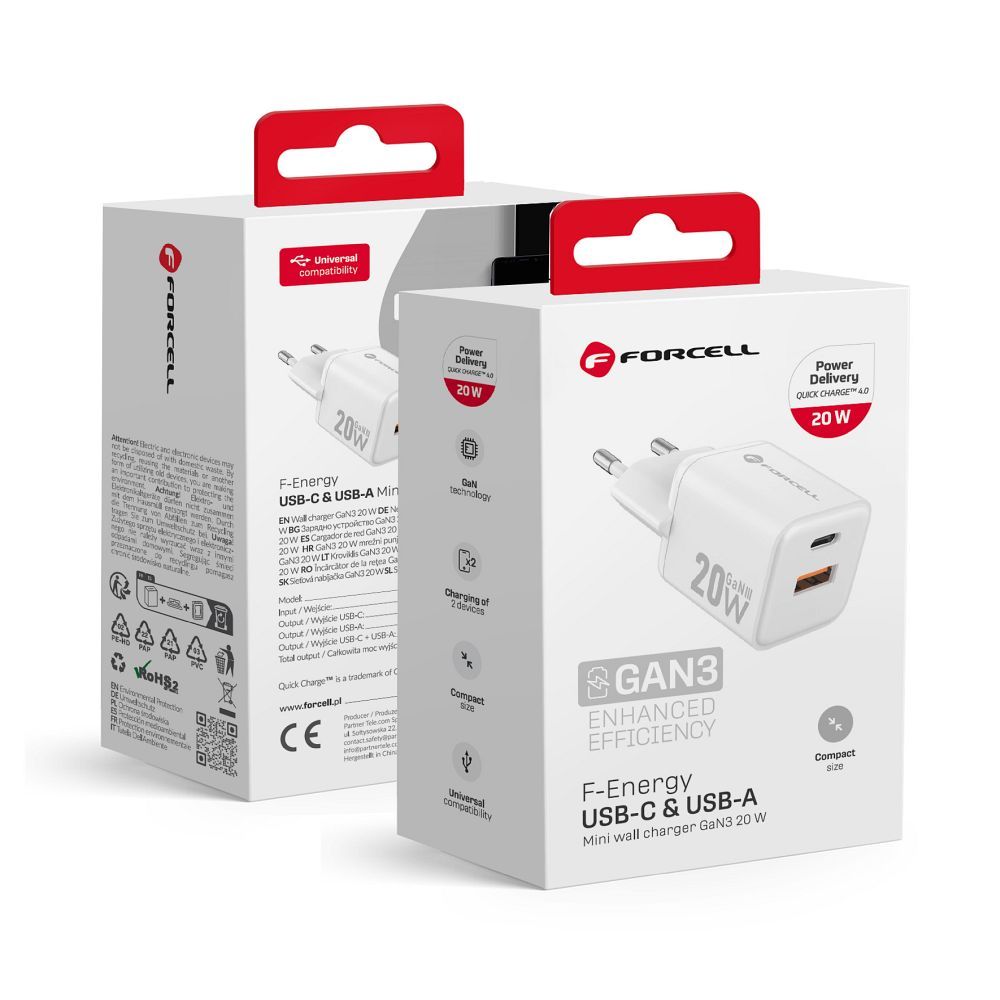 FORCELL F-ENERGY Mini GaN III VT-35A kelioninis įkroviklis su 1 x Type C + 1x USB A lizdais, PD QC4.0 20W baltas