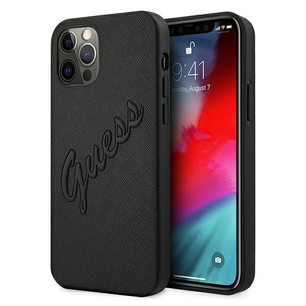 Guess Saffiano Vintage Script dėklas telefonui iPhone 12 Pro Max 6.7 juodas