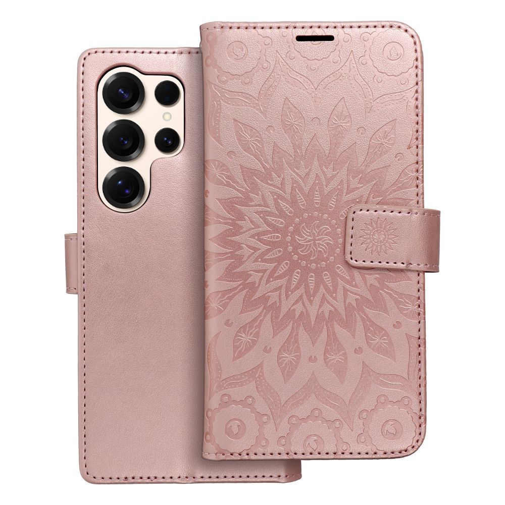 MEZZO knygos tipo dėklas telefonui SAMSUNG S25 Ultra su mandala, rausvo aukso spalvos