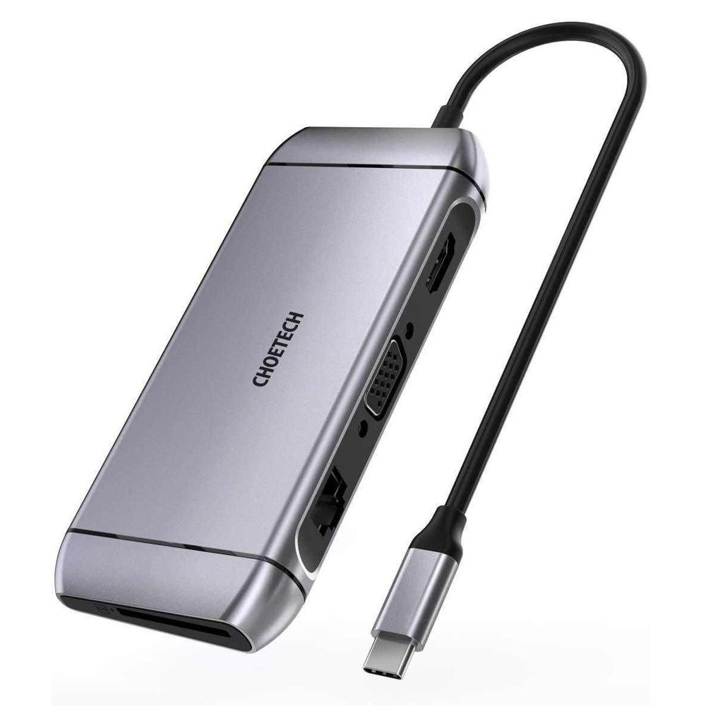 Choetech 9in1 daugiafunkcinis USB Type C šakotuvas - 3x USB 3.2 Gen 1 / SD ir TF atminties kortelių skaitytuvas / HDMI 4K 30Hz / VGA Full HD 60Hz / USB Type C / RJ45 pilkas (HUB-M15 pilkas)