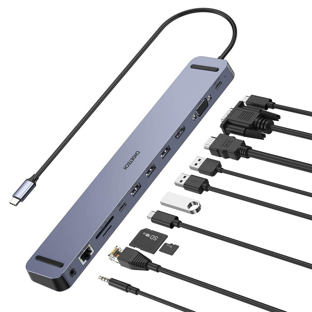 Choetech USB-C šakotuvas 11in1 100W PD pilkas (HUB-M20)