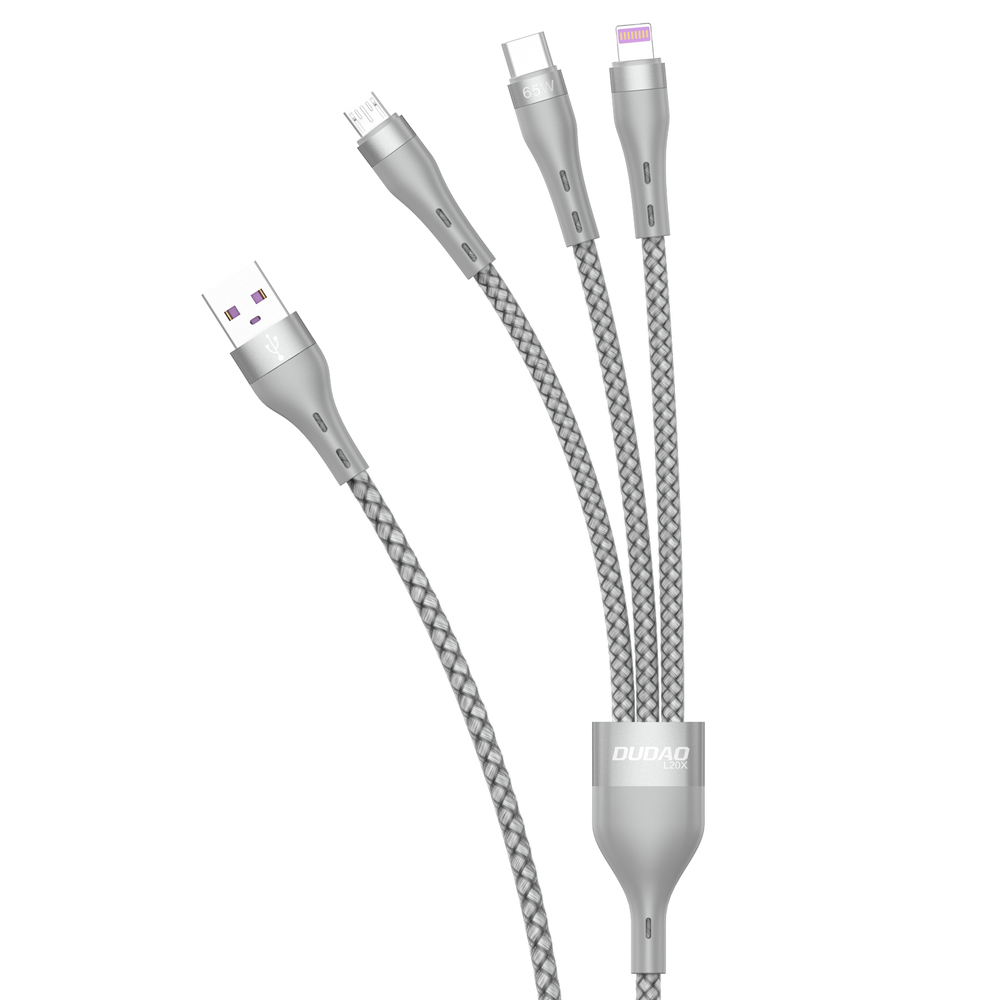 Dudao 3in1 USB laidas Lightning / microUSB / USB Type C 65W 1.2m pilkas (L20X)