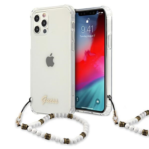 Guess GUHCP12LKPSWH iPhone 12 Pro Max 6,7 skaidrus kietas dėklas balta perlų kolekcija