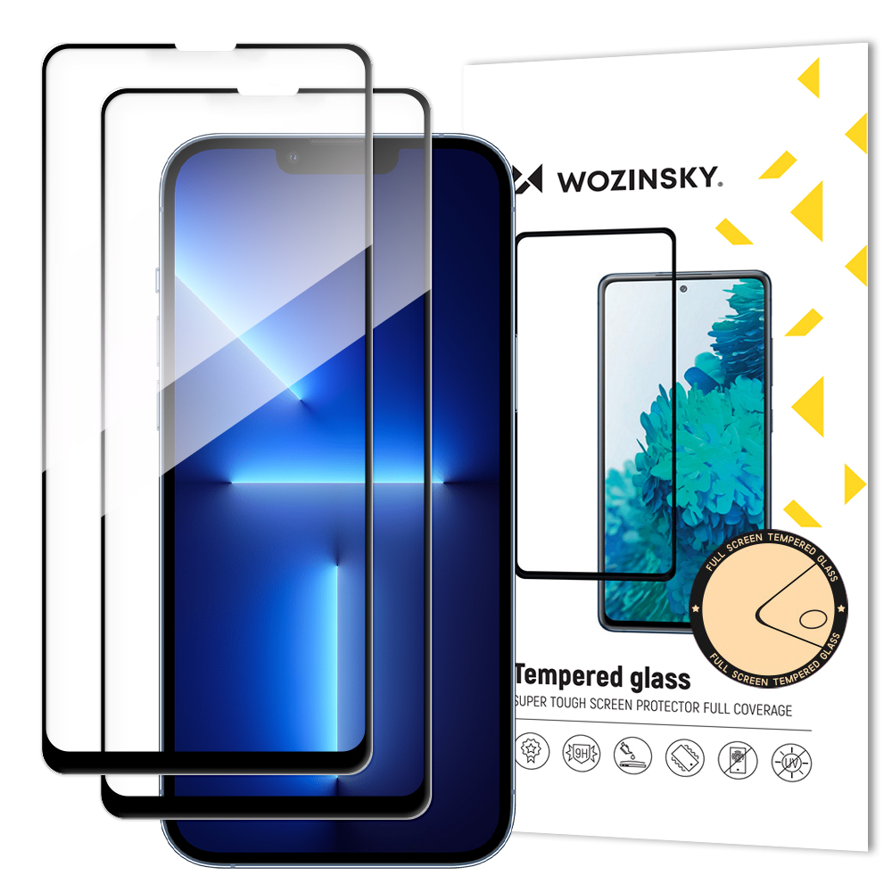 Wozinsky rinkinys 2 vnt. itin tvirtas Full Glue tempered glass visam ekranui su rėmu Case Friendly iPhone 16e, iPhone 14, iPhone 13 Pro / iPhone 13 juodas