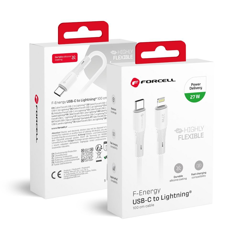 FORCELL F-ENERGY C346 kabelis Type C į Lightning PD 3A 27W Silicone 1 m baltas