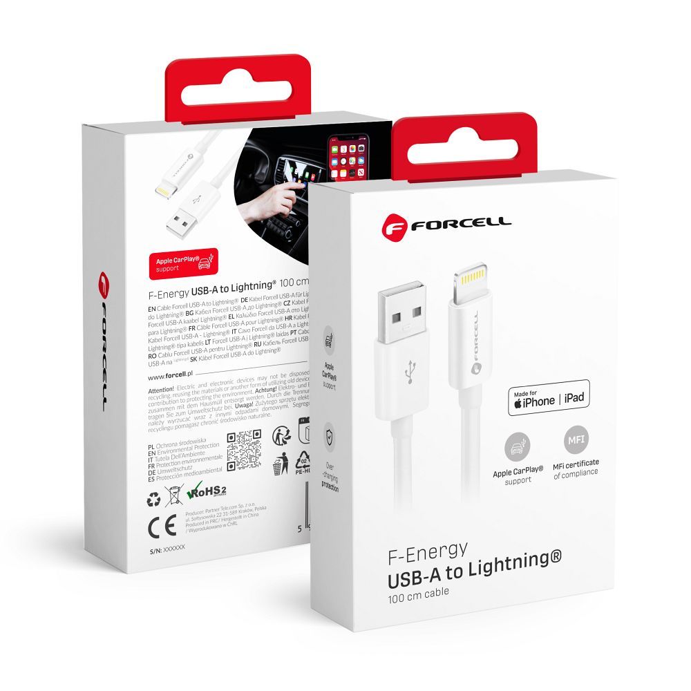 FORCELL F-ENERGY C703 kabelis USB A į Lightning MFi 2,4A 12W 1 m baltas