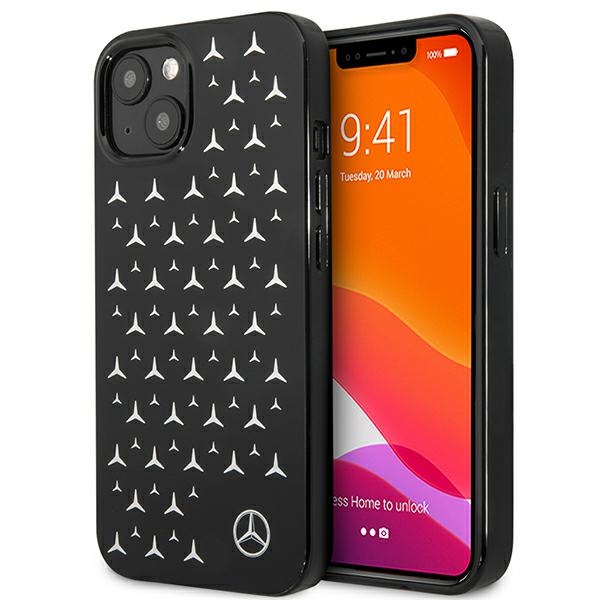 Mercedes dėklas telefonui iPhone 13 mini su sidabrinių žvaigždžių raštu, juodas