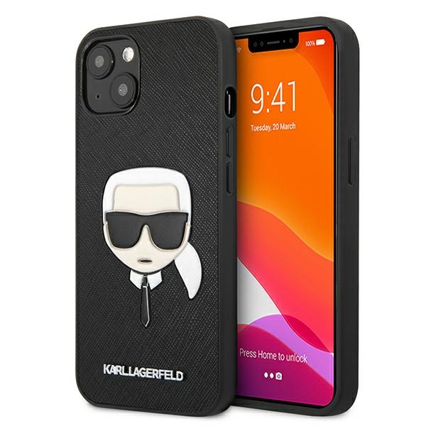 Karl Lagerfeld KLHCP13SSAKHBK kietas dėklas iPhone 13 mini 5,4" Saffiano Ikonik Karl's Head – juodas