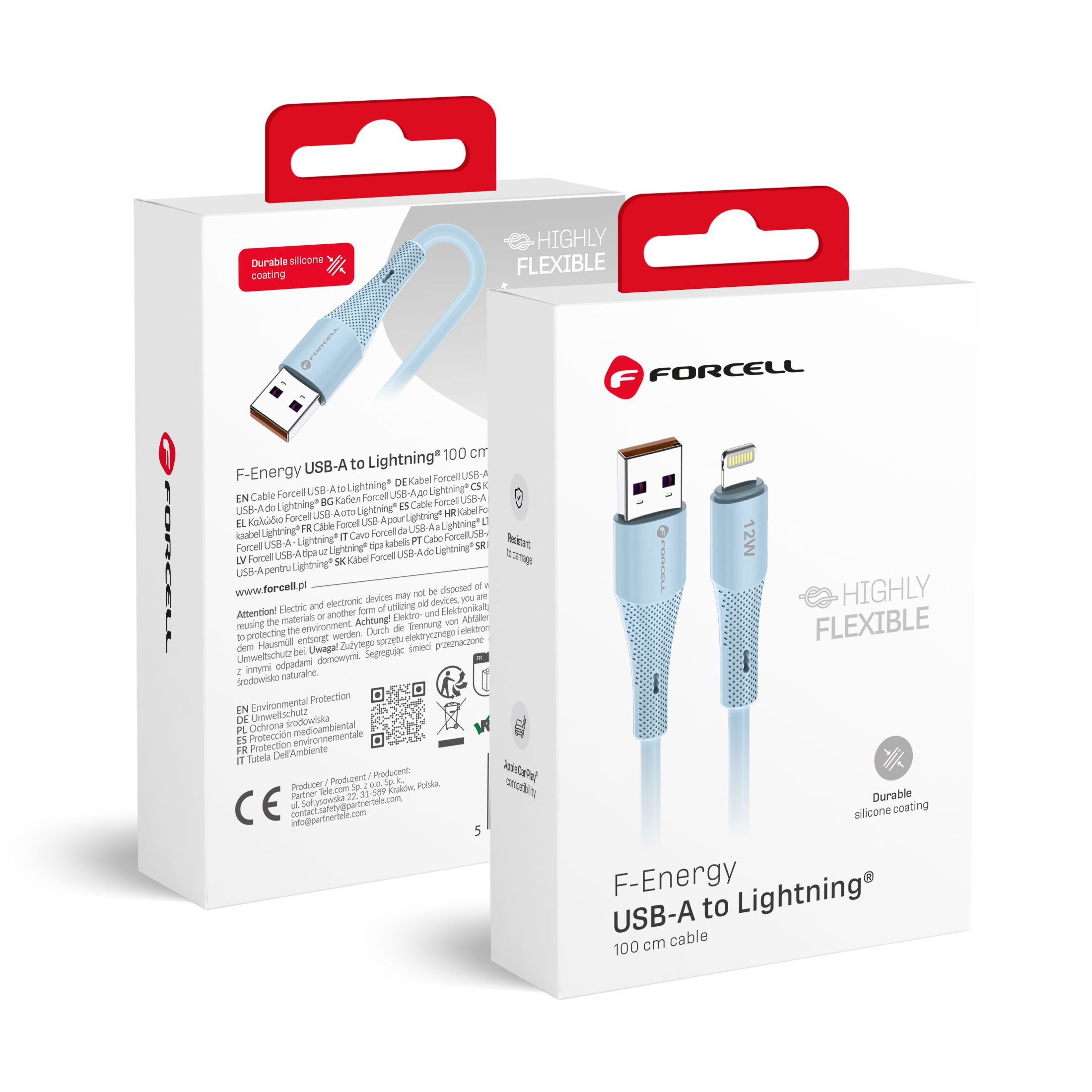 FORCELL F-ENERGY C343 kabelis USB A į Lightning 2,4A 12W Silikoninis 1 m mėlynas
