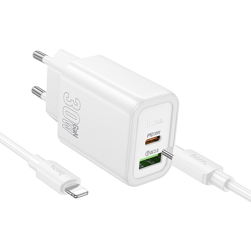 Įkroviklis telefonui Hoco USB A + USB C QC3.0 PD 3A 30W + kabelis USB C į Lightning N63 balta