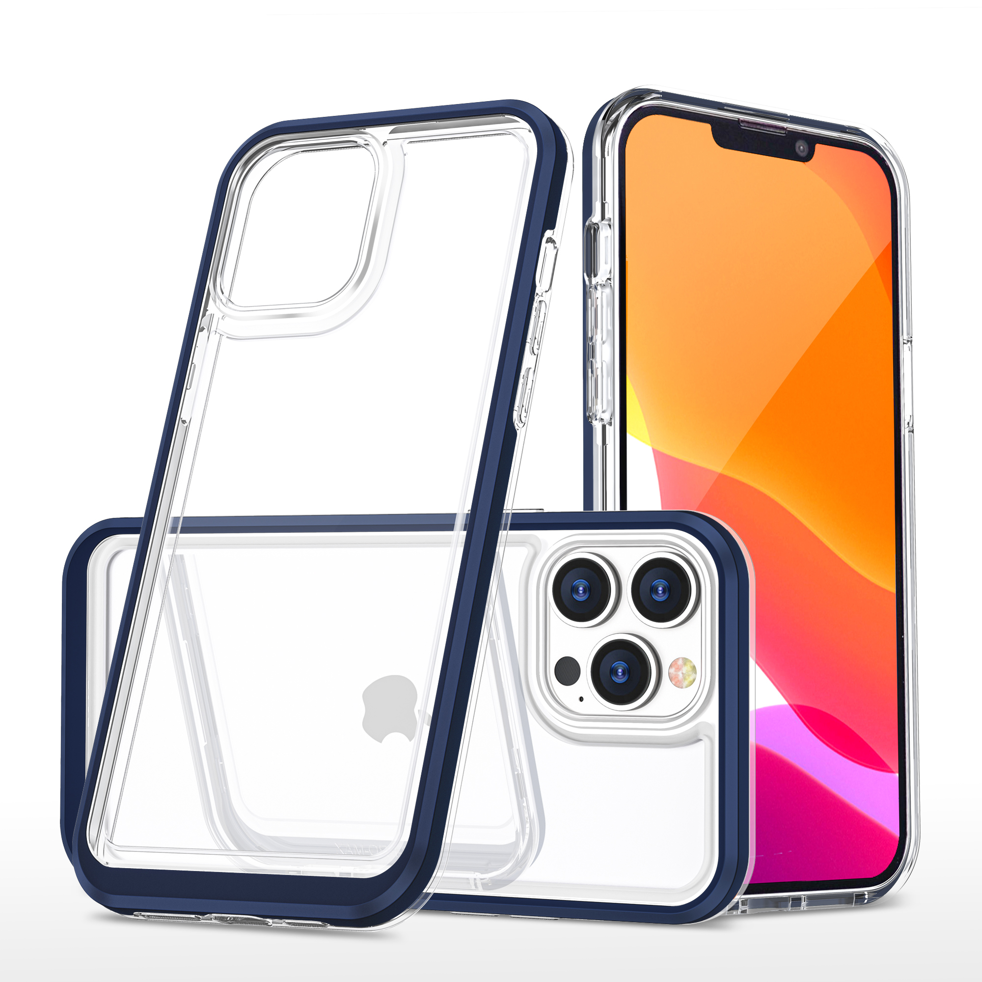 Skaidrus 3in1 dėklas iPhone 13 Pro Max mėlyno rėmo gelio dangteliu
