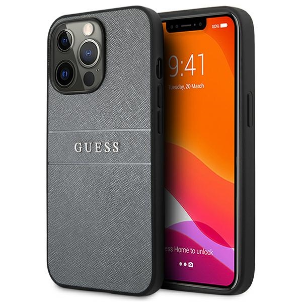 Guess GUHCP13LPSASBGR dėklas iPhone 13 Pro / 13 6,1" Saffiano Strap – pilkas