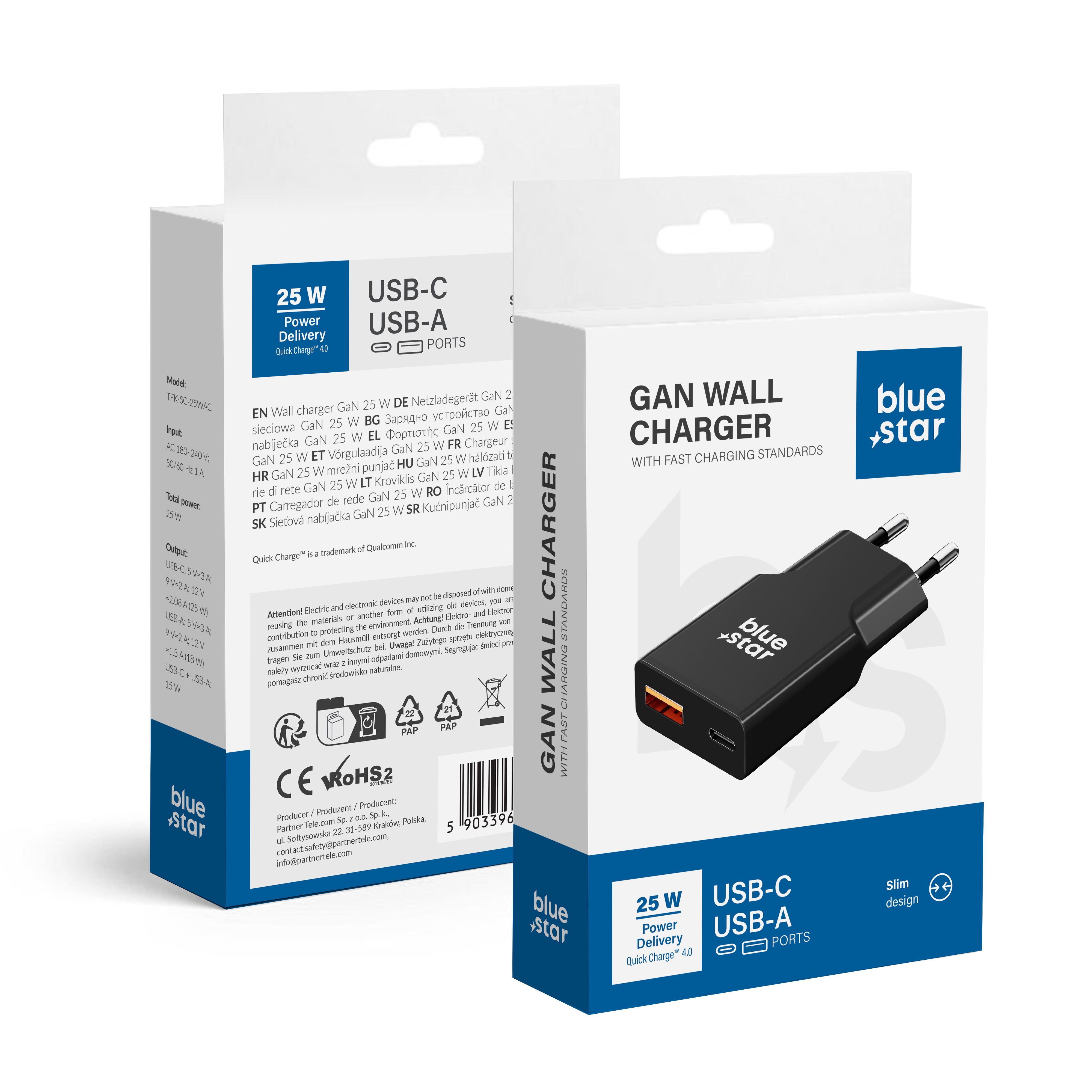 Įkroviklis Blue Star (TFK-SC-25WAC) (1xUSB; 1xUSB-C) 3A (25W) juodas