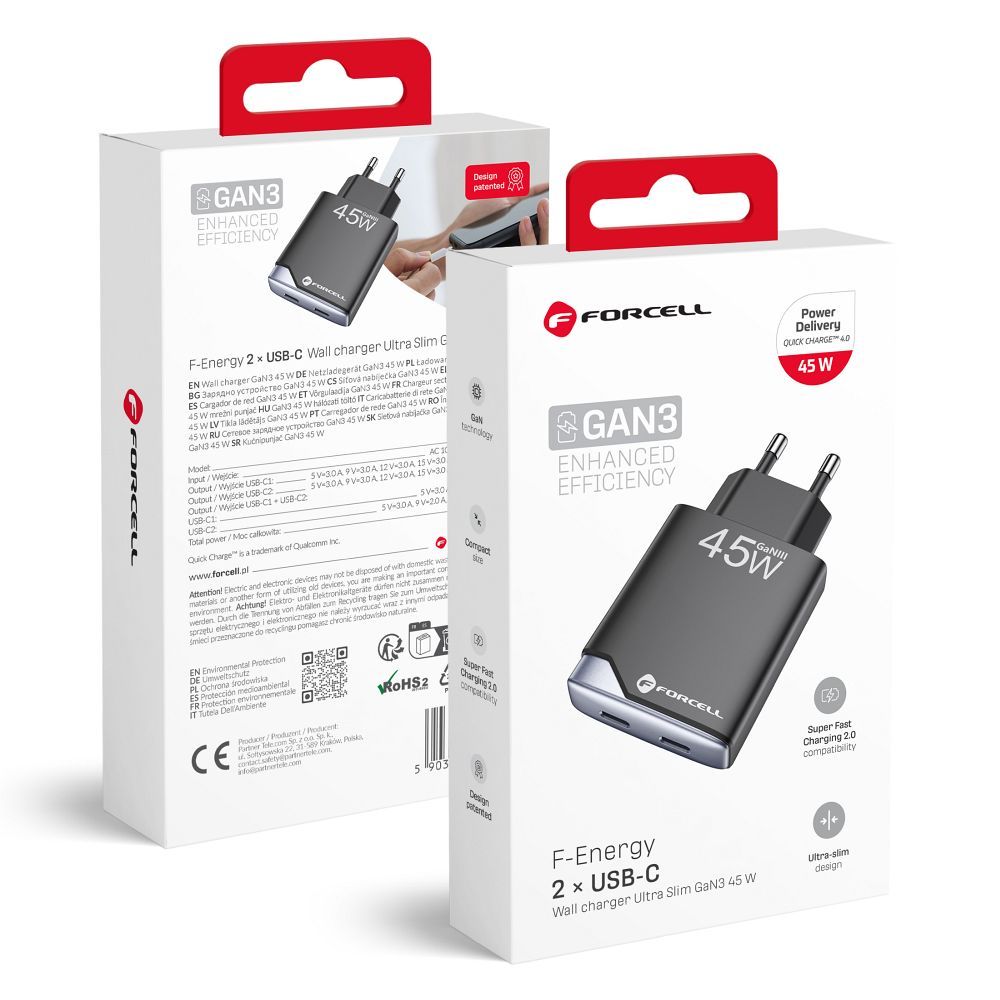 FORCELL F-ENERGY GaN III B245201(2C) itin plonas kelioninis įkroviklis 2 x Type C + USB A PD QC4.0 3A 45W juodas