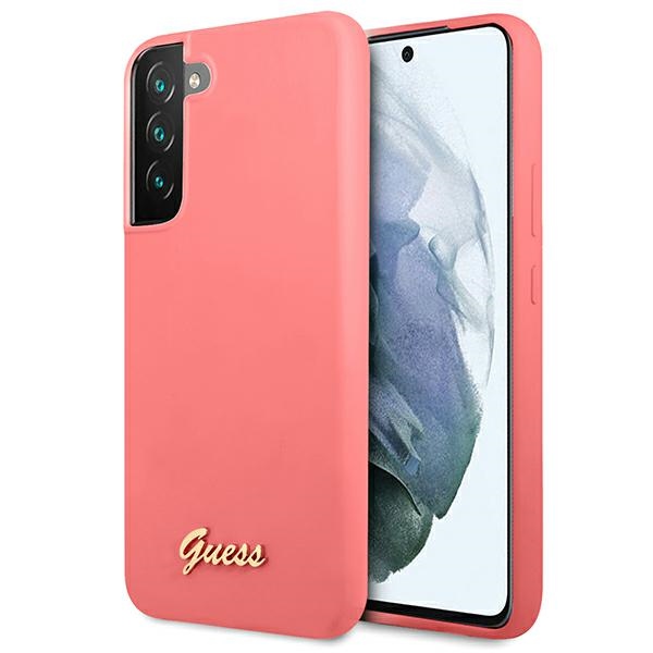 Guess GUHCS22MLSLMGFU S22+ S906 fuksija/fuksija kietas dėklas Silicone Script Metal Logo