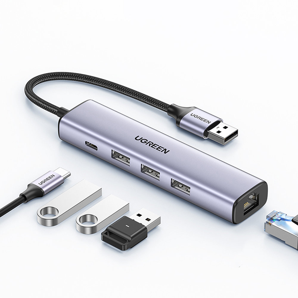 Ugreen CM475 daugiafunkcis šakotuvas USB 3.0 - 3x USB / Ethernet RJ-45 / USB Type-C PD - pilkas