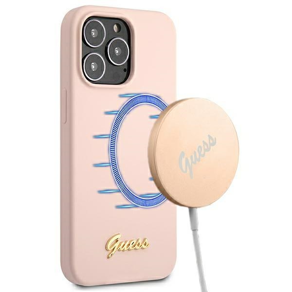 Guess GUHMP13LLSLMGLP dėklas telefonui iPhone 13 Pro / 13 6.1" šviesiai rožinis kietas silikoninis su auksiniu logotipu MagSafe