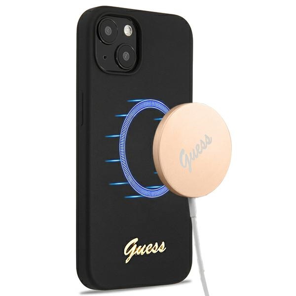 Guess GUHMP13MLSLMGBK iPhone 13 6.1" чёрный/чёрный жёсткий чехол Silicone Script Gold Logo Magsafe
