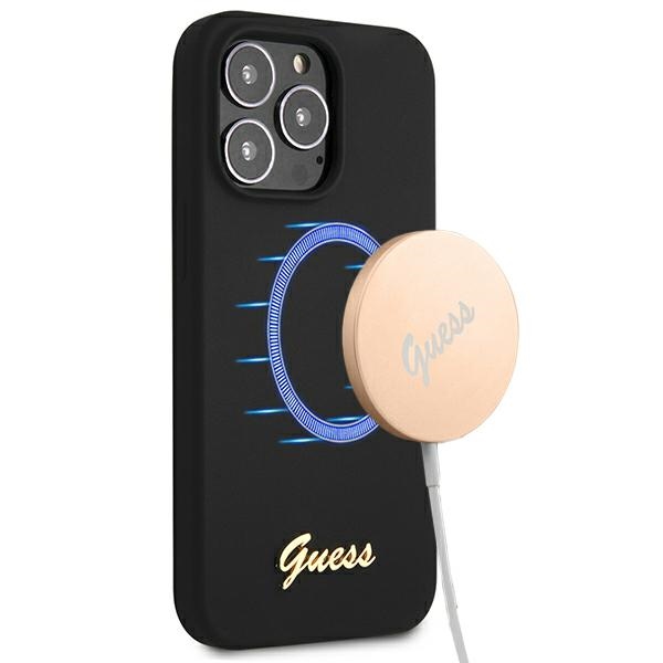 Guess GUHMP13XLSLMGBK dėklas telefonui iPhone 13 Pro Max 6.7" juodas kietas silikoninis su auksiniu logotipu MagSafe