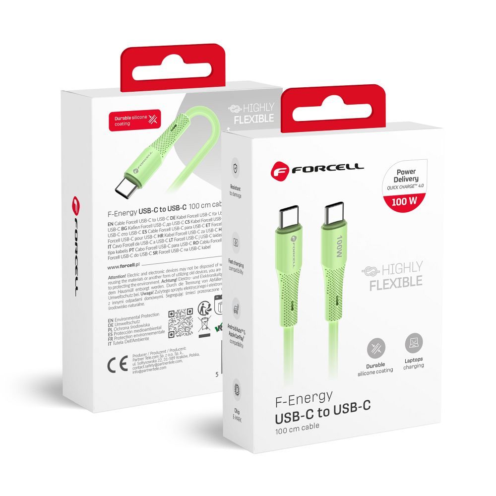 FORCELL F-ENERGY C347 kabelis Type C į Type C QC4.0 PD 5A 100W Silikoninis 1 m žalias