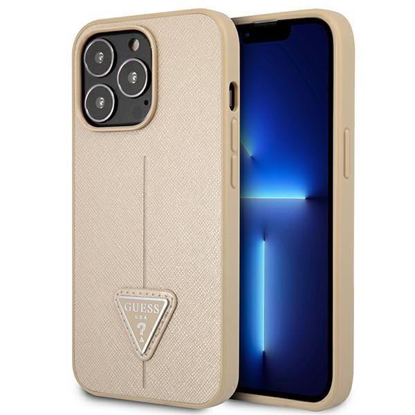 Guess GUHCP13LPSATLE iPhone 13 Pro / 13 6.1" smėlio spalvos kietasis dėklas SaffianoTriangle logotipas