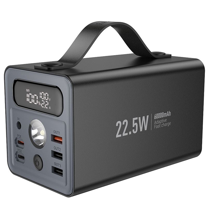 Išorinė baterija Hoco 60000 mAh QC PD 3A 22,5W DC12V su integruota lempute J138 juoda