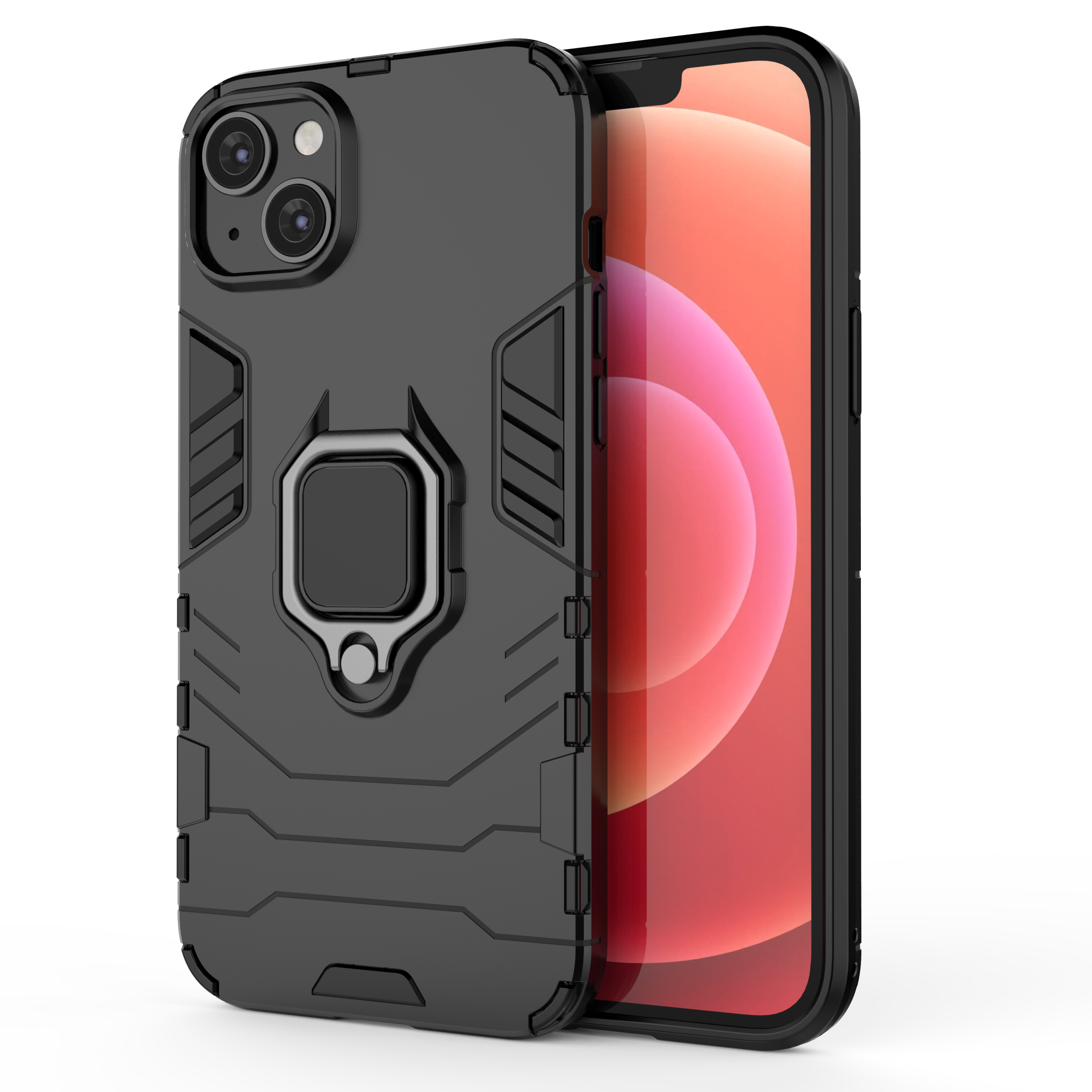 Ring Armor dėklas telefonui iPhone 14 Plus šarvuotas dangtelis su magnetiniu laikikliu ir žiedu juodas