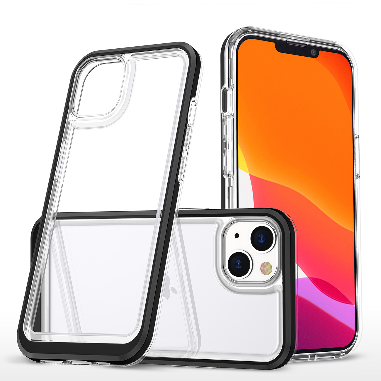 Skaidrus 3in1 dėklas iPhone 14 silikoninis dangtelis su rėmeliu juodas
