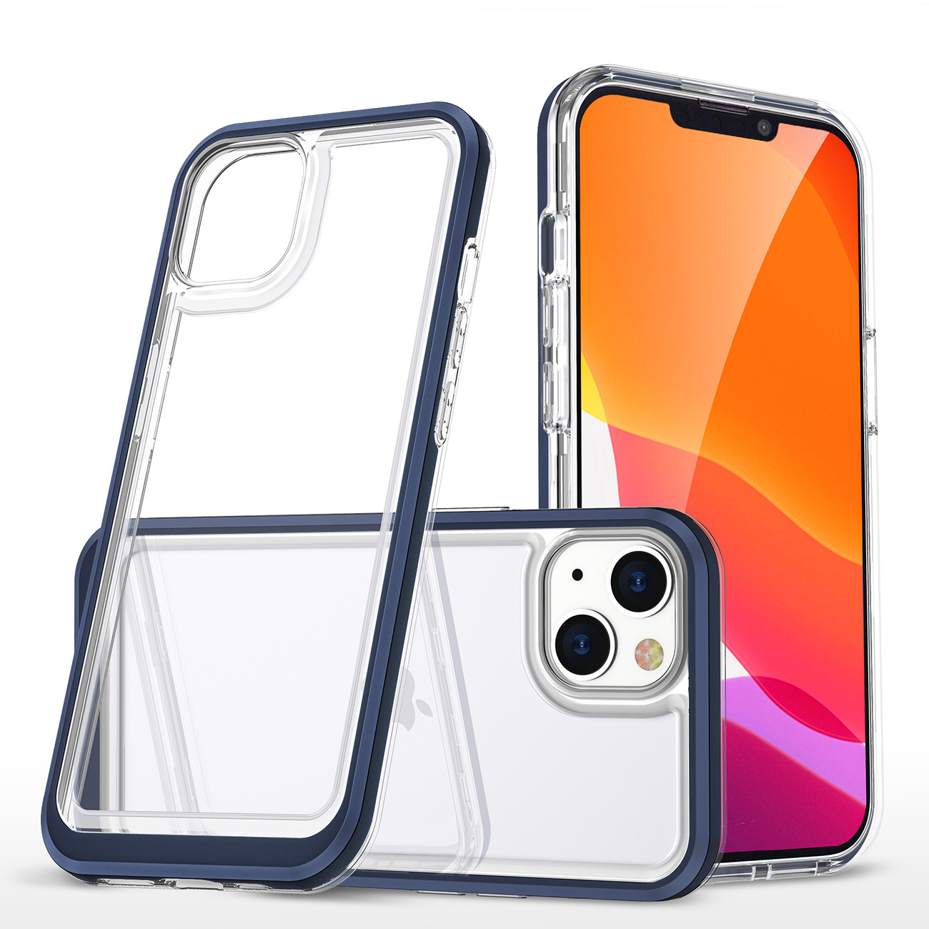 Skaidrus 3in1 dėklas iPhone 14 silikoninis dangtelis su rėmeliu mėlynas