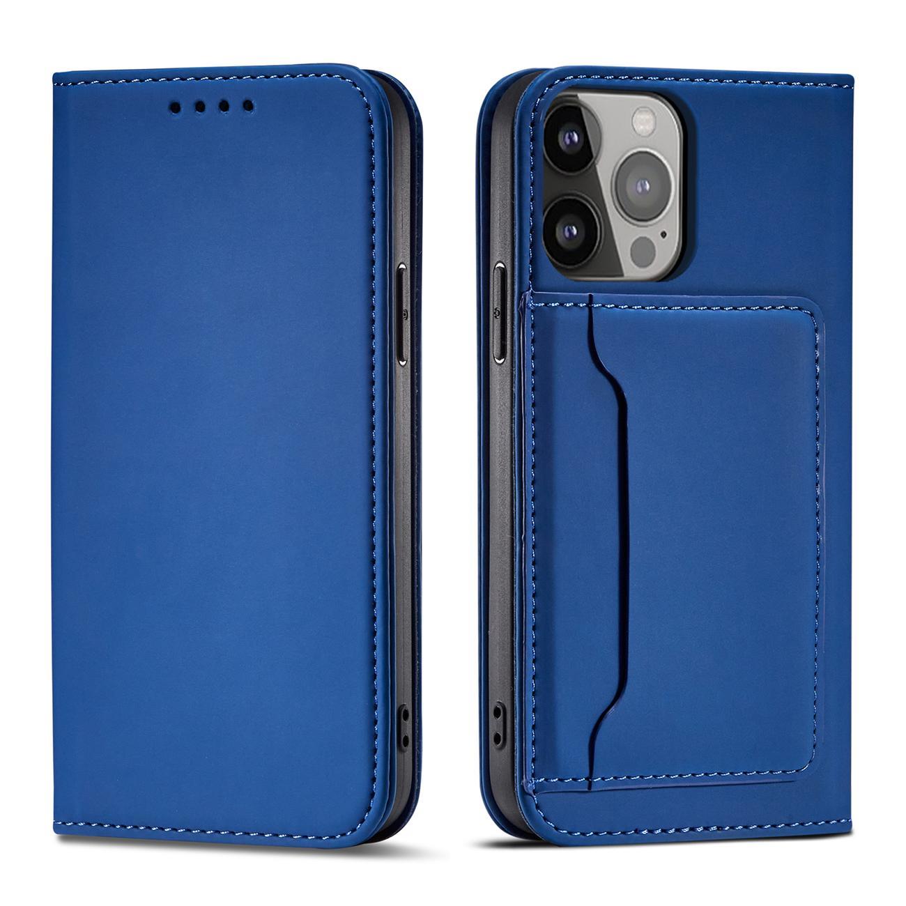 Magnet Card dėklas iPhone 14 Plus atveriamas dangtelis piniginė su stovu mėlynas