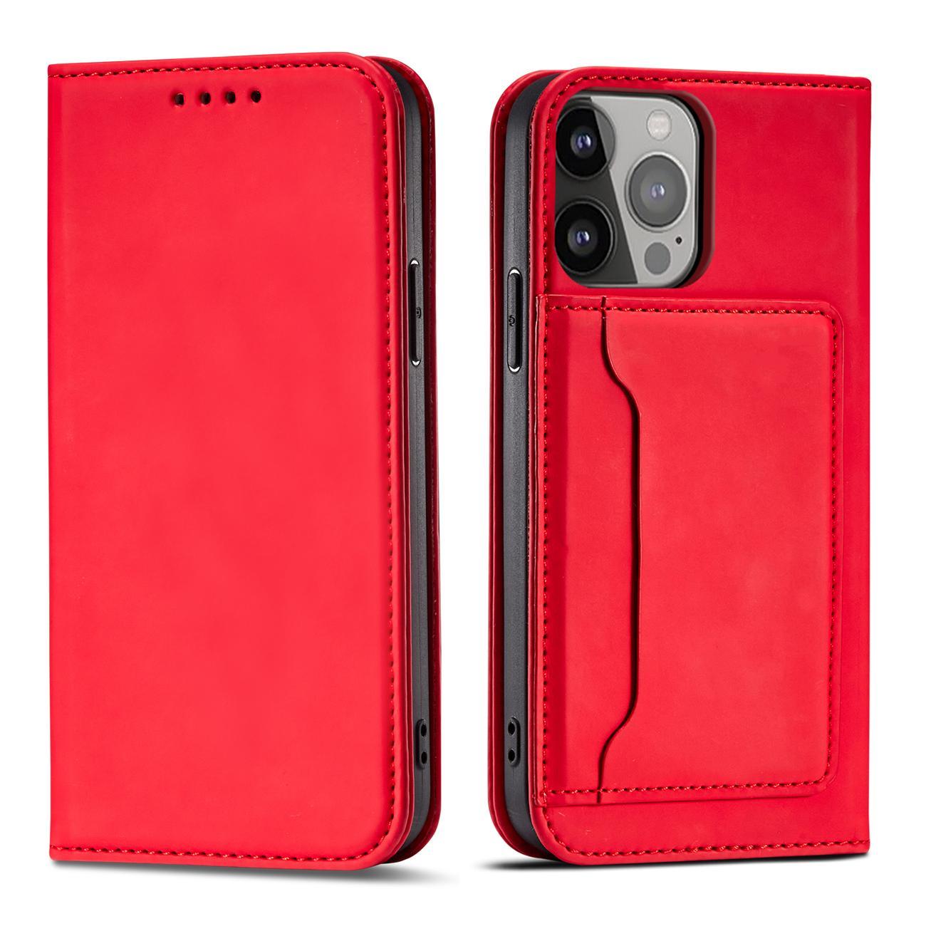 Magnet Card dėklas iPhone 14 Plus atveriamas dangtelis piniginė su stovu raudonas