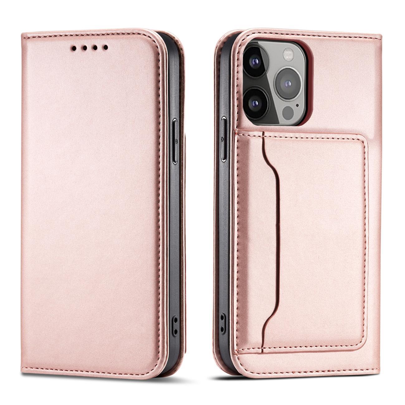 Magnetinė kortelės dėklas telefonui iPhone 14 Plus atverčiamas dėklas piniginė su stovu rožinė