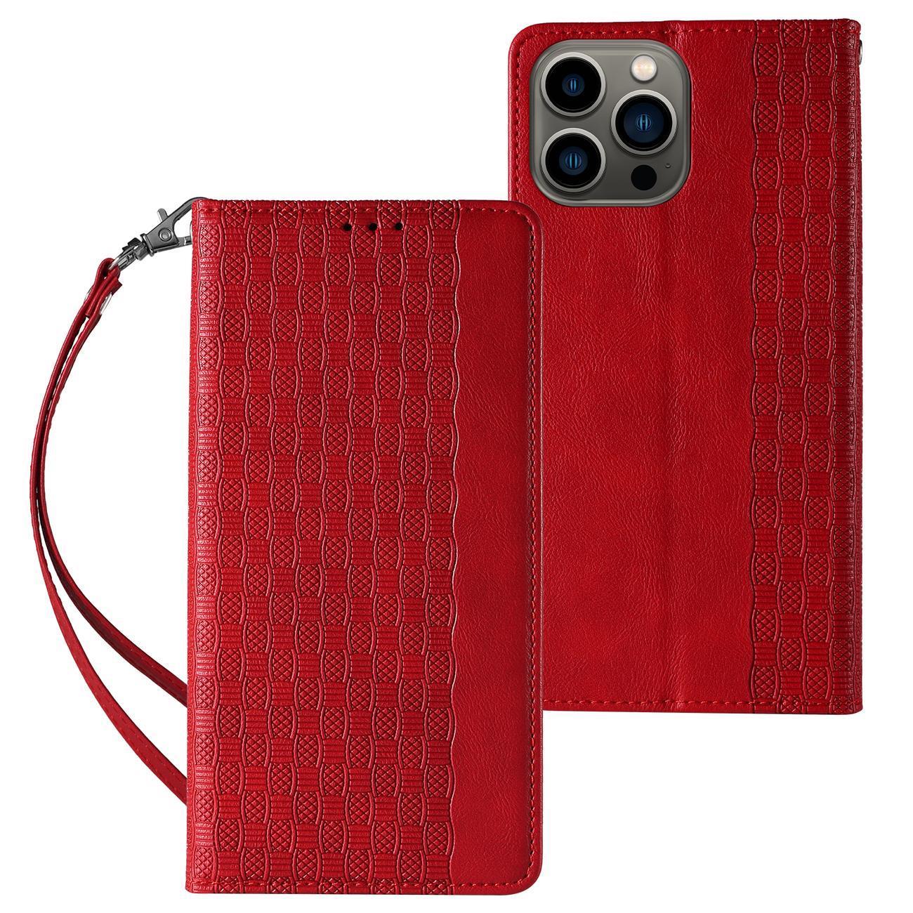 Magnetinis dirželio dėklas telefonui iPhone 14 Plus su atverčiamu dangteliu, pinigine, mini dirželiu ir stovu, raudonas