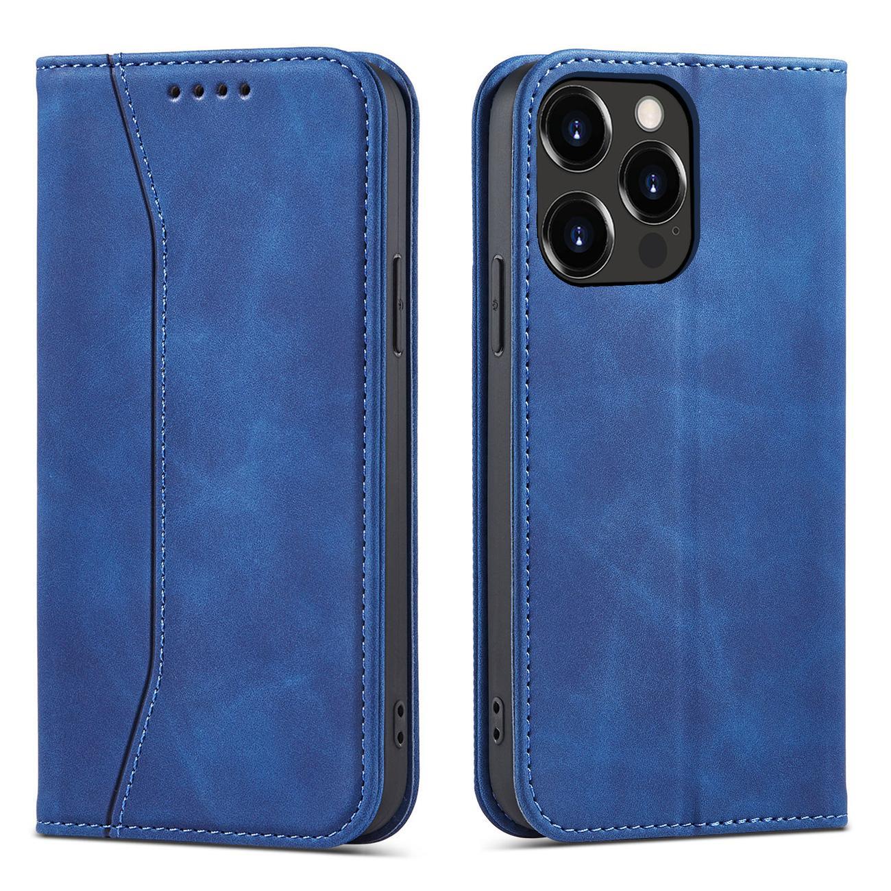 Magnetinis puošnus dėklas telefonui iPhone 14 Plus su atverčiamu dangteliu, pinigine ir stovu, mėlyna