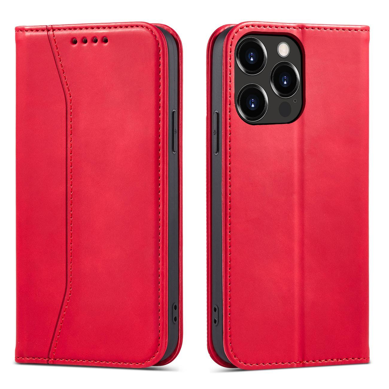 Magnet Fancy Case dėklas iPhone 14 Pro su flip dangčiu, pinigine ir stovu - raudonos spalvos