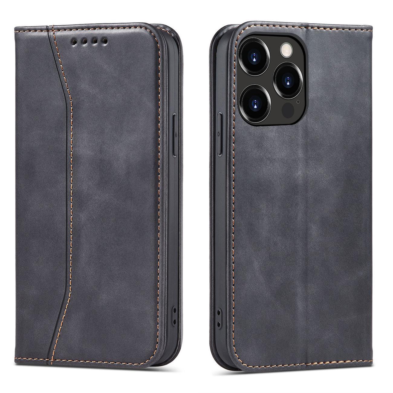 Magnet Fancy Case dėklas iPhone 14 Pro Max su flip dangčiu, pinigine ir stovu - juodos spalvos