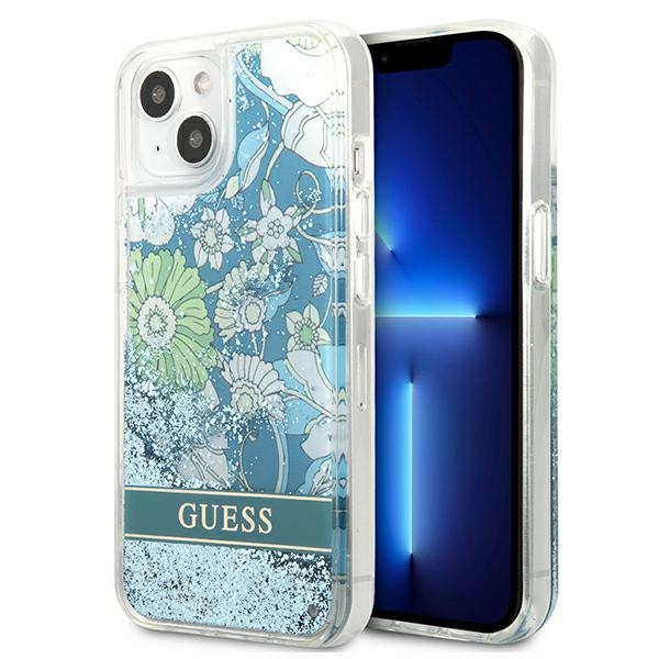 Guess GUHCP13MLFLSN iPhone 13 6.1" žalias/žalias kietasis dėklas su gėlių skysčio blizgučiais