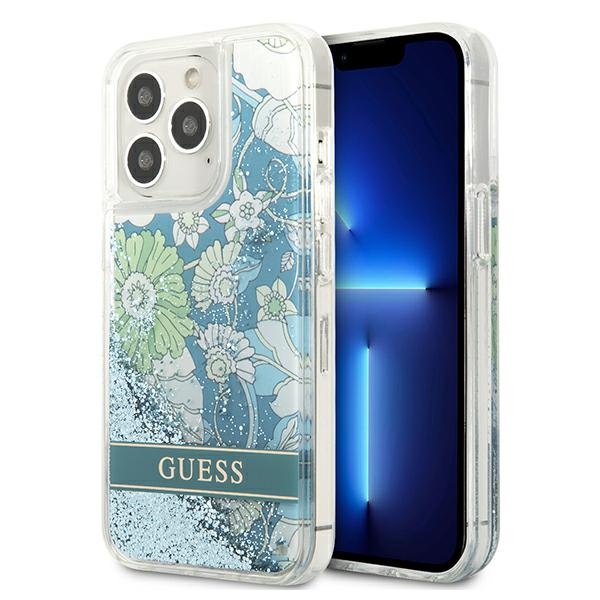 Guess GUHCP13XLFLSN iPhone 13 Pro Max 6.7" žalias/žalias kietasis dėklas su gėlių skysčio blizgučiais