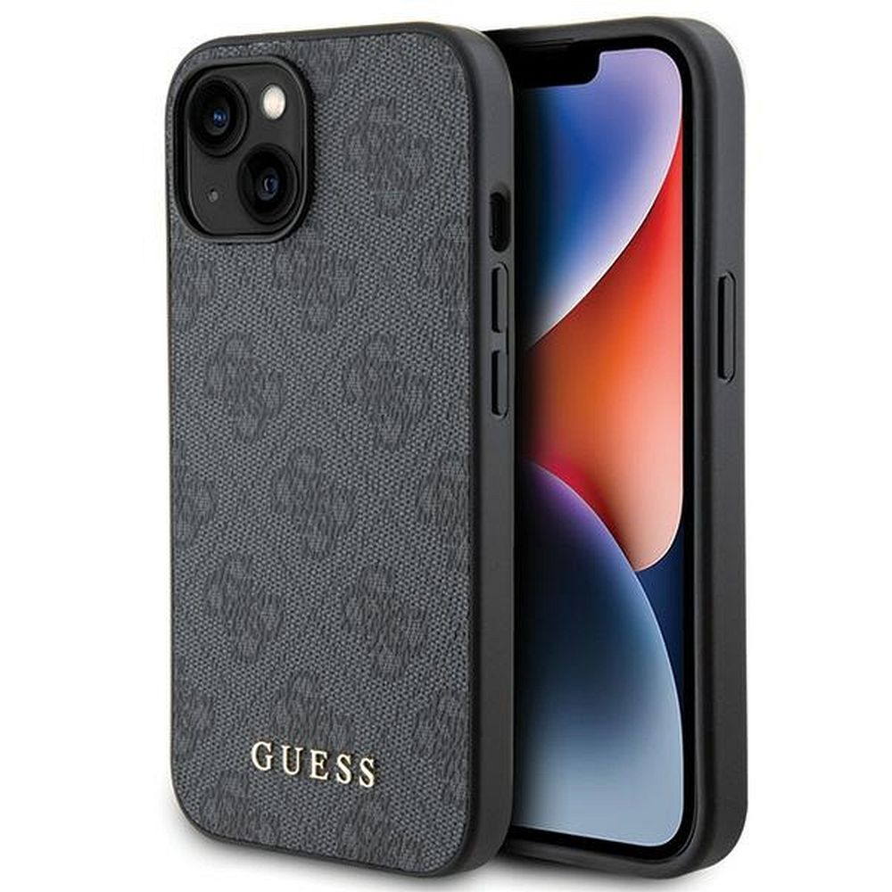 Guess 4G Metal Gold Logo dėklas telefonui iPhone 15 - pilka