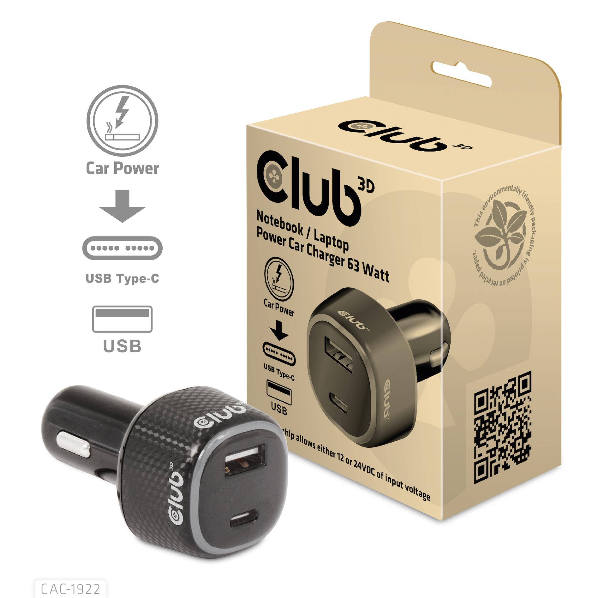 Nešiojamojo kompiuterio automobilinis įkroviklis USB+USB-C 63W CAC-1922 Club3D