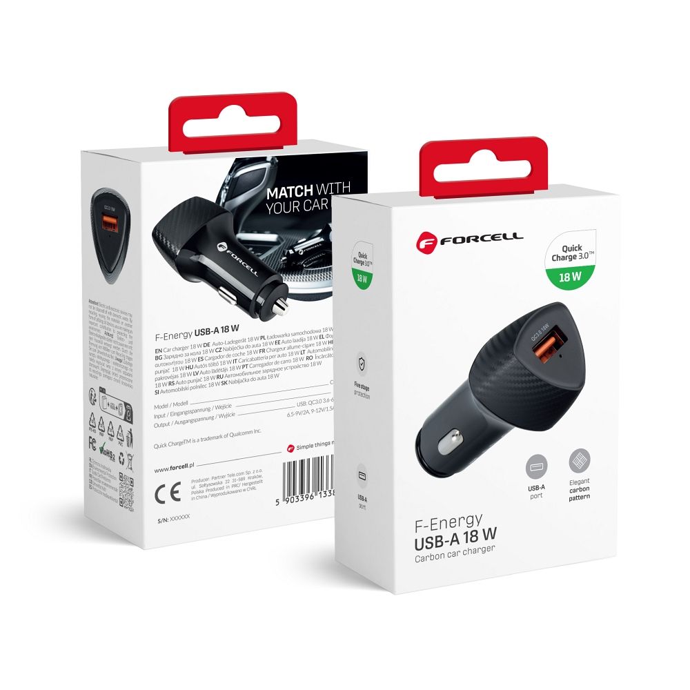 FORCELL F-ENERGY Carbon CC50-1A automobilinis įkroviklis USB A QC3.0 3A 18W juodas