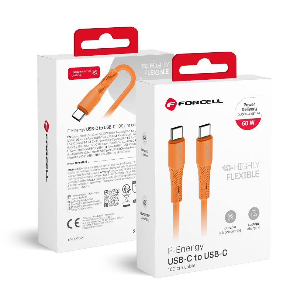 USB kabelis Forcell (C344) "USB-C (Type-C) to USB-C (Type-C)" (3A 60W 1m) oranžinis