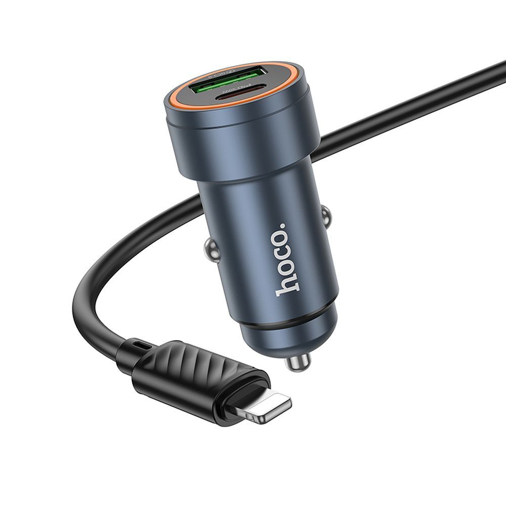 Automobilinis įkroviklis Hoco USB A + USB C QC3.0 PD 30W + kabelis USB C į Lightning Z57A juodas