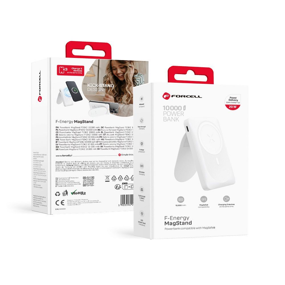 Išorinė baterija suderinama su MagSafe Forcell F-Energy MagStand F10K2 QC3.0 PD 5A 20W 10000 mAh balta